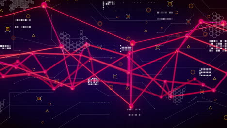 red network connections and data processing animation over dark digital background