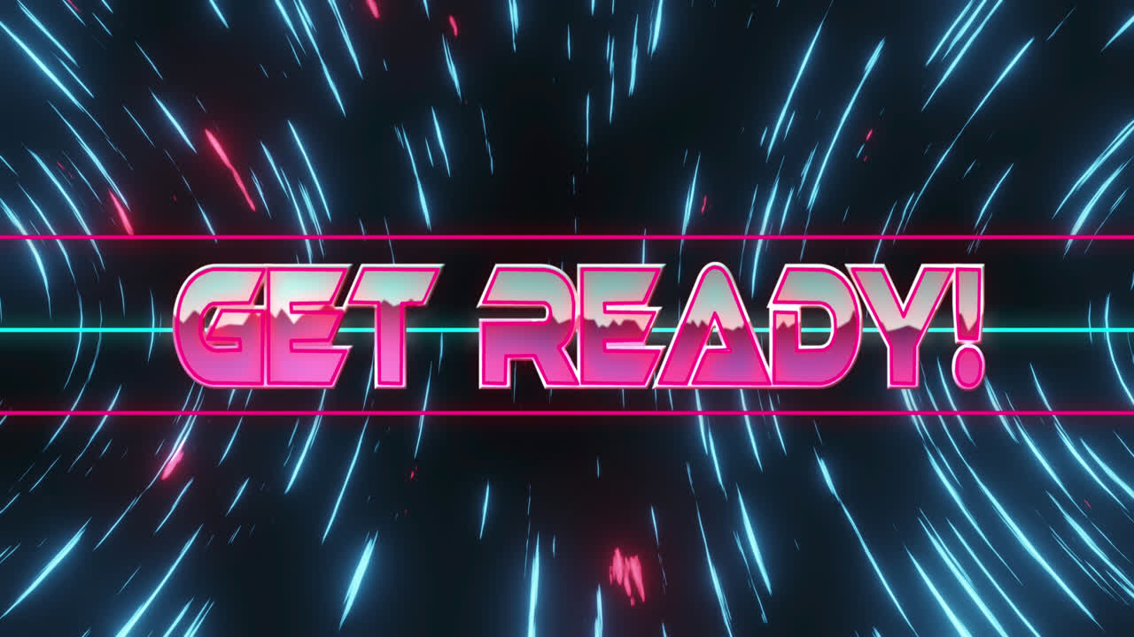 Animation of get ready text over moving blue and pink light trails