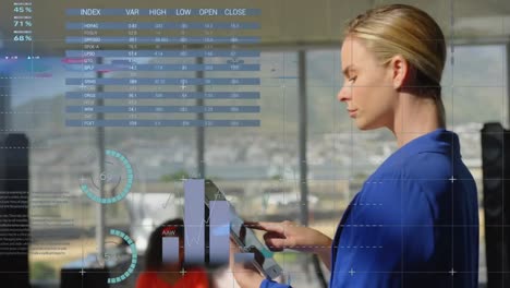 Animación-Del-Procesamiento-De-Datos-Estadísticos-Sobre-Una-Empresaria-Caucásica-Usando-Una-Tableta-Digital-En-La-Oficina