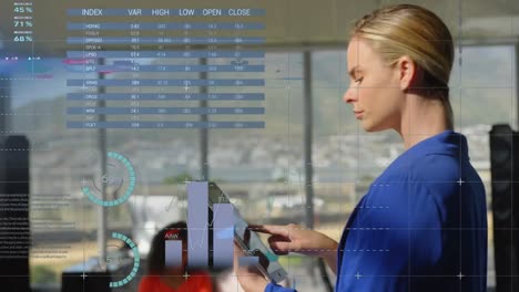 animación del procesamiento de datos estadísticos sobre una mujer de negocios caucásica que usa una tableta digital en la oficina