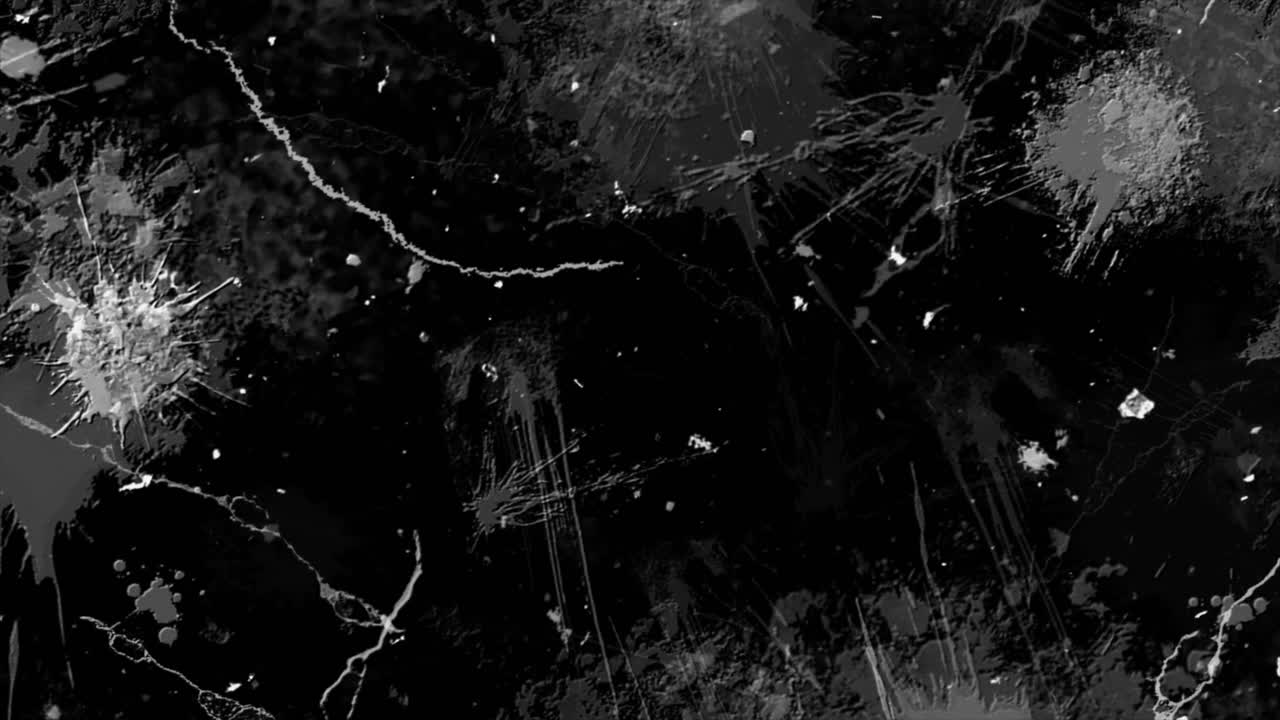 Abstrakte Schwarz-Weiß-Grunge-Textur mit sich bewegenden Farbspritzern und Kratzern.