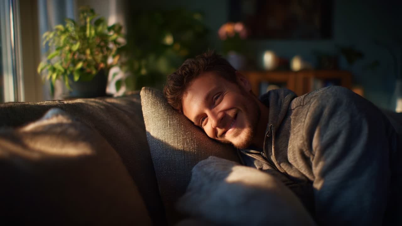 En mand slapper komfortabelt af derhjemme og skifter fra et eftertænksomt blik til et glad smil i en hyggelig sofa midt i et varmt og indbydende opholdsrum