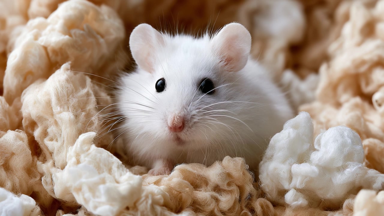Adorabile topo bianco annidato in una morbida lettiera, catturato in due fotogrammi che mostrano la sua tenerezza e curiosità in un ambiente soffice.