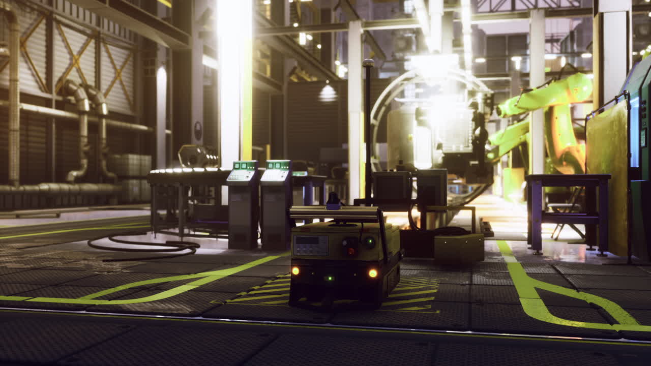 Industrial workspace with robotics setup and bright lighting effects