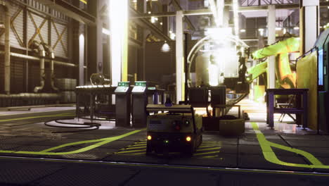 industrial workspace with robotics setup and bright lighting effects