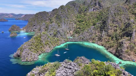 aerial view of twin lagoon in coron, philippines, featuring dramatic limestone cliffs, lush greenery, and vibrant turquoise waters winding through a tropical island landscape under a clear blue sky