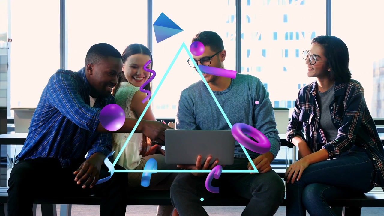 Left man pointing at laptop, team leaning, cyan triangle and purple 3D shapes showing business idea