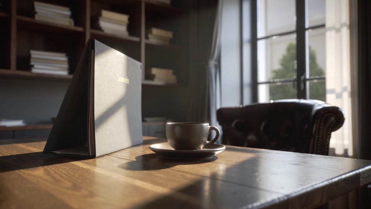 Luz solar em movimento realçando xícara e pires de cerâmica em mesa de madeira na sala de estar, com um livro.