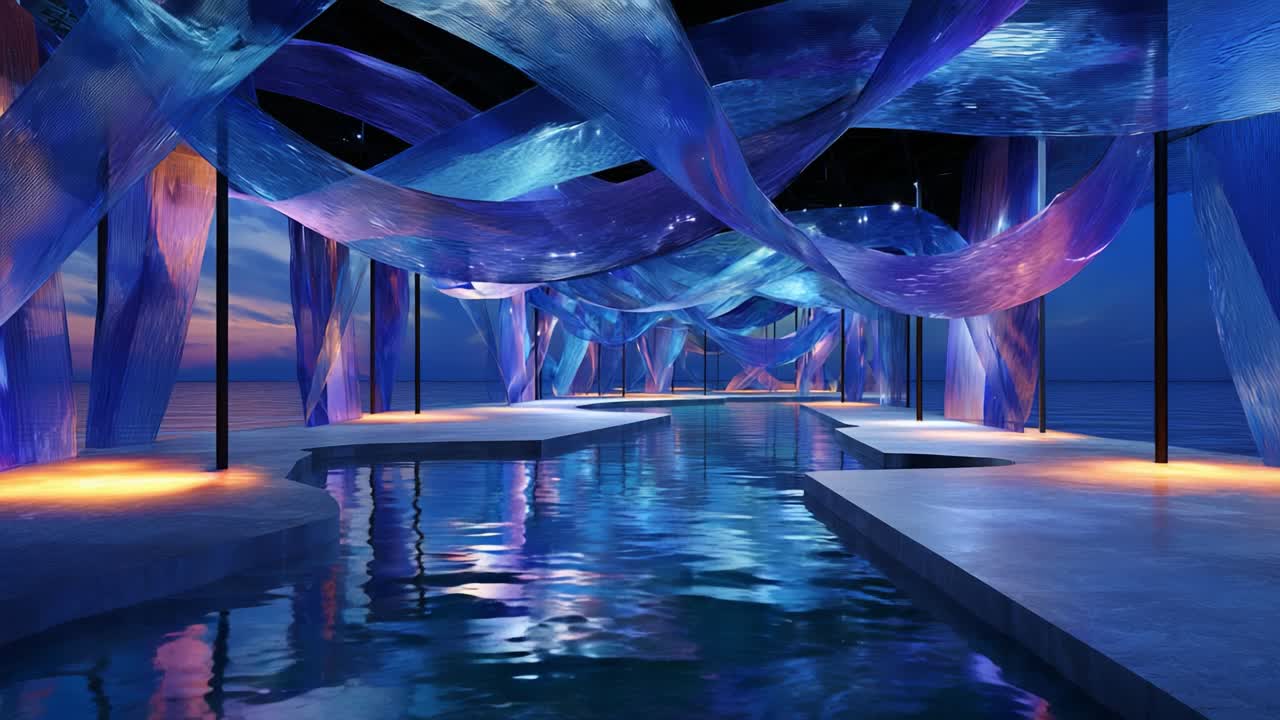 A Stunningly Beautiful Scene Featuring Graceful Silken Waves and Reflective Water, Showcasing a Serene Oasis with a Dreamlike Atmosphere Perfect for Relaxation and Reflection