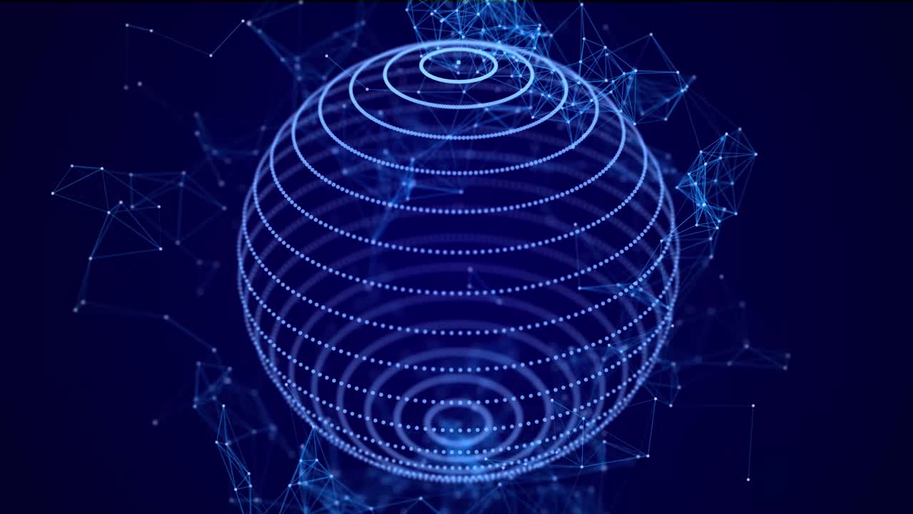 Technology sphere with connecting dots. Digital abstract network structure. 3D rendering.