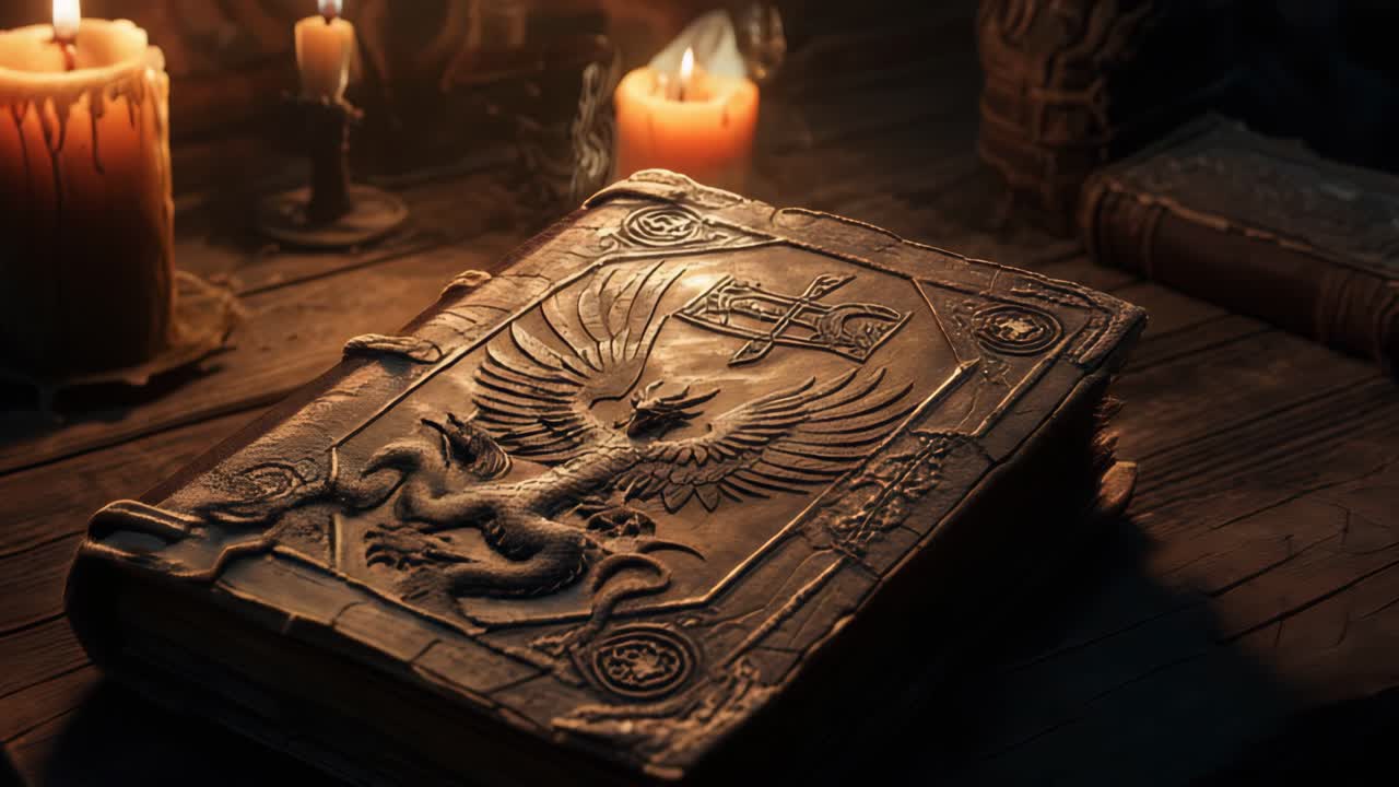 antiguo grimoire en una mesa de madera