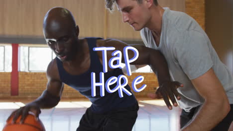 playing basketball, two men with tap here text overlay in animation scene