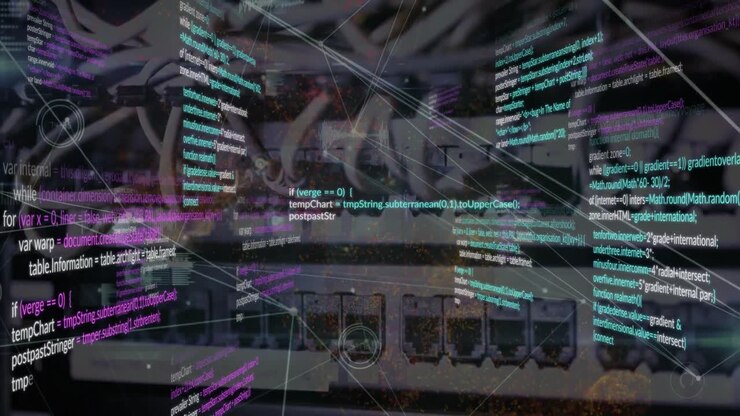 Animation of network of connections and data processing against close up of a computer server