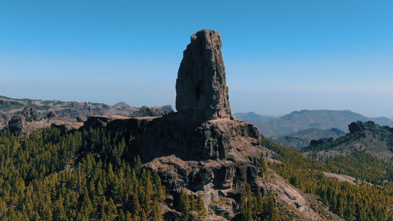화창한 날 그란 카나리아 섬의 유명한 로크 누블로에 가까운 궤도에서 환상적인 공중 촬영
