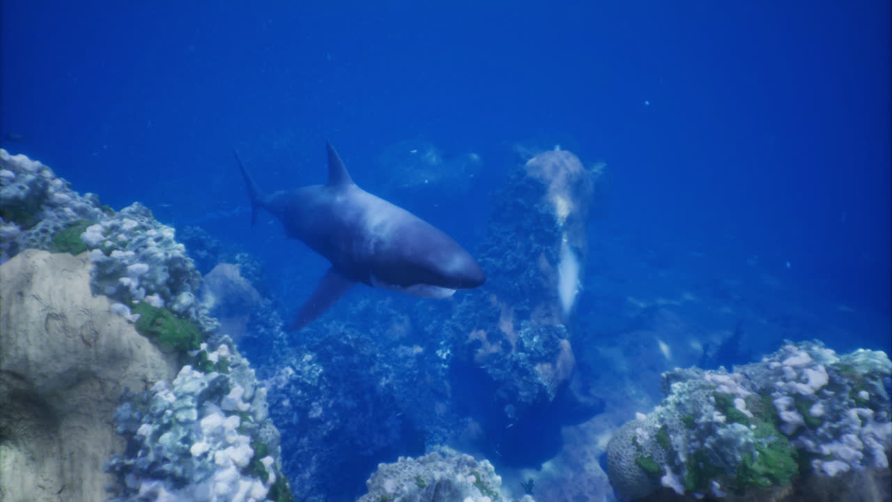 Shark swimming gracefully among coral formations in clear blue water