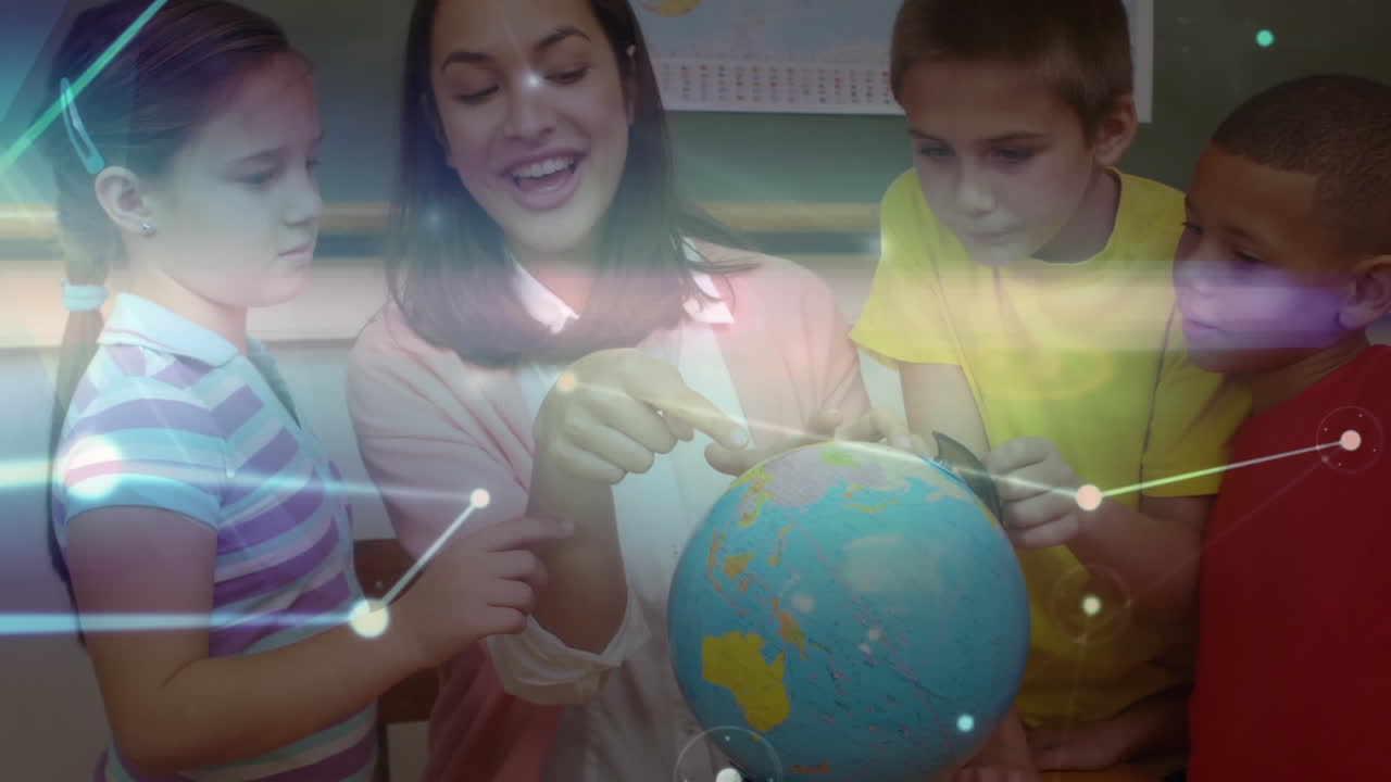 red de conexiones sobre maestras que enseñan geografía a los estudiantes en la escuela primaria