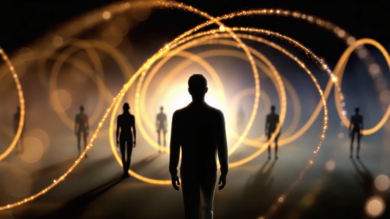 Viaggio misterioso attraverso uno spazio etereo con figure circondate da sfere luminose, a simboleggiare l'esplorazione e la connessione nel regno sconosciuto dell'esistenza