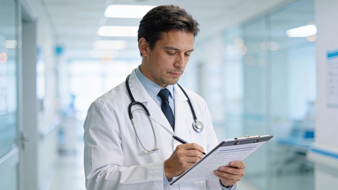 Reading chart, doctor in lab coat writing notes in hospital corridor with stethoscope, clipboard
