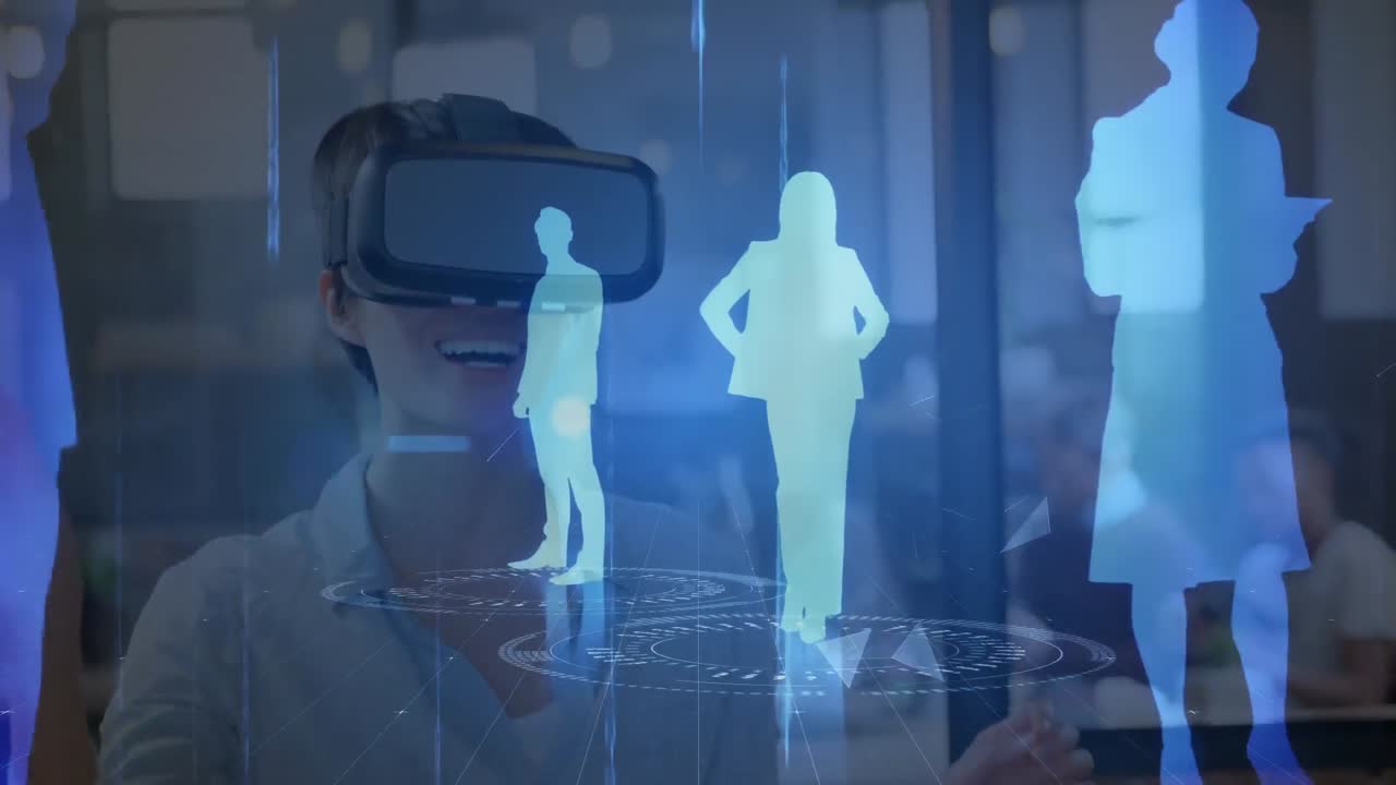 Woman with virtual reality headset with data