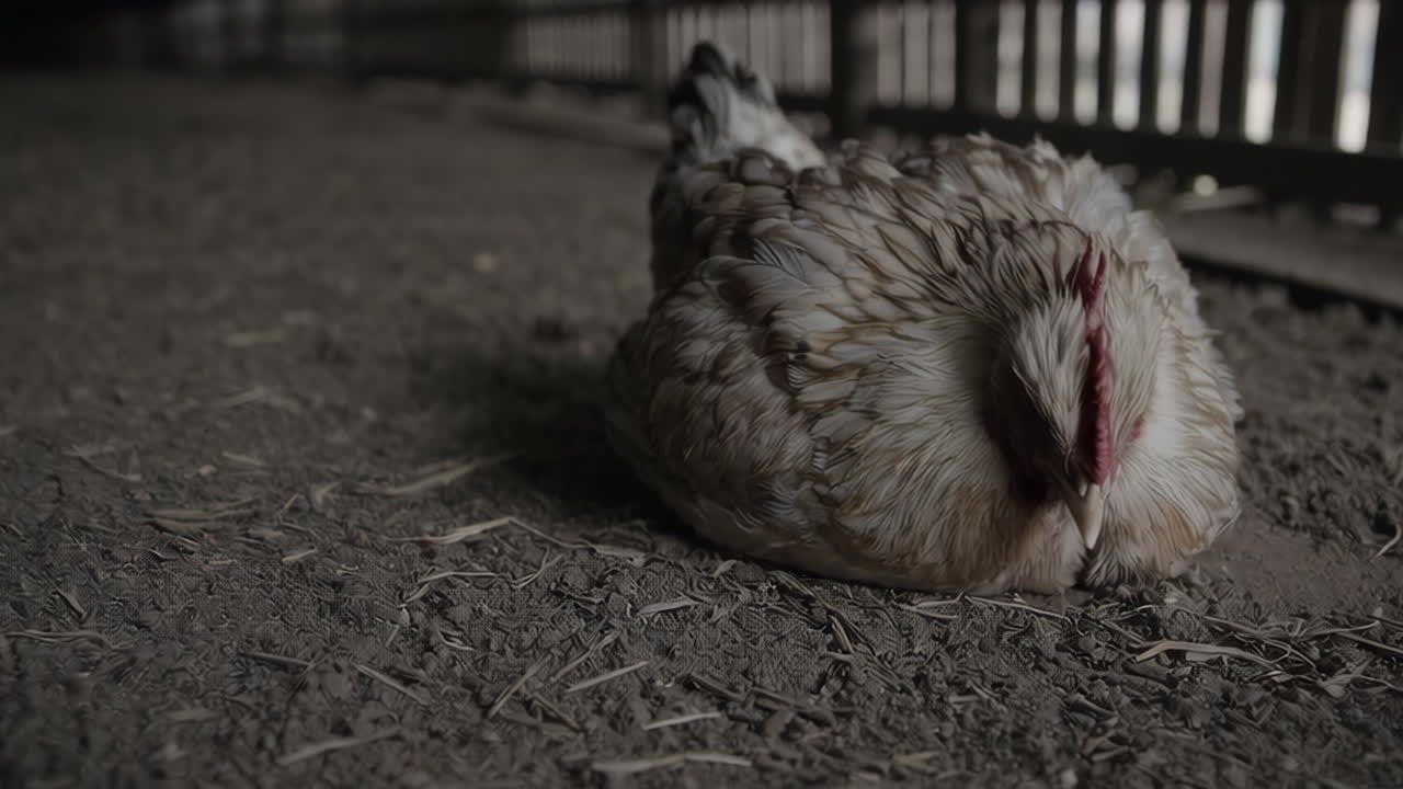 Chicken resting in a barn