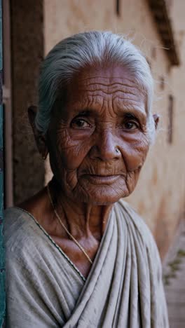 subtle changes in expression flit across the face of an elderly woman wearing traditional clothing, creating a nuanced portrait of emotion and experience