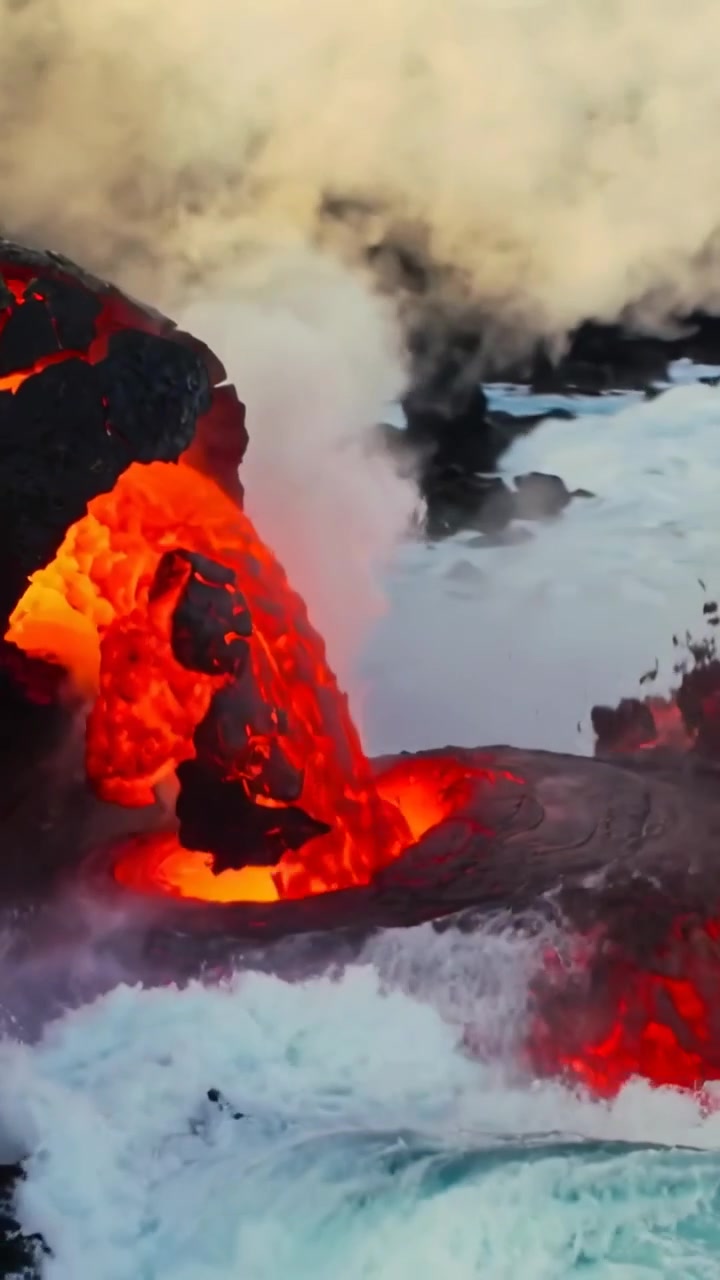 Vertical video: Erupting vent pouring molten lava cascade flowing into ocean, forming cooled crust