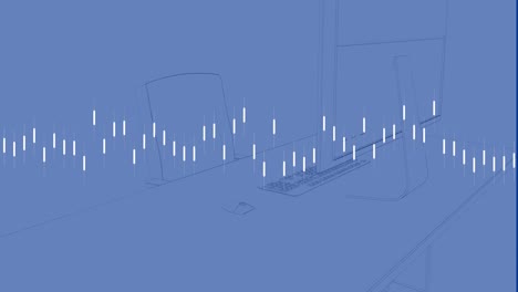 animation of data processing against office desk sketch on blue background