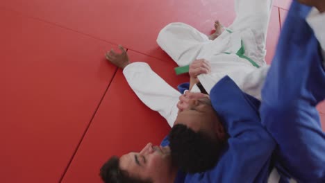 judoka strangling his opponent on the judo mat