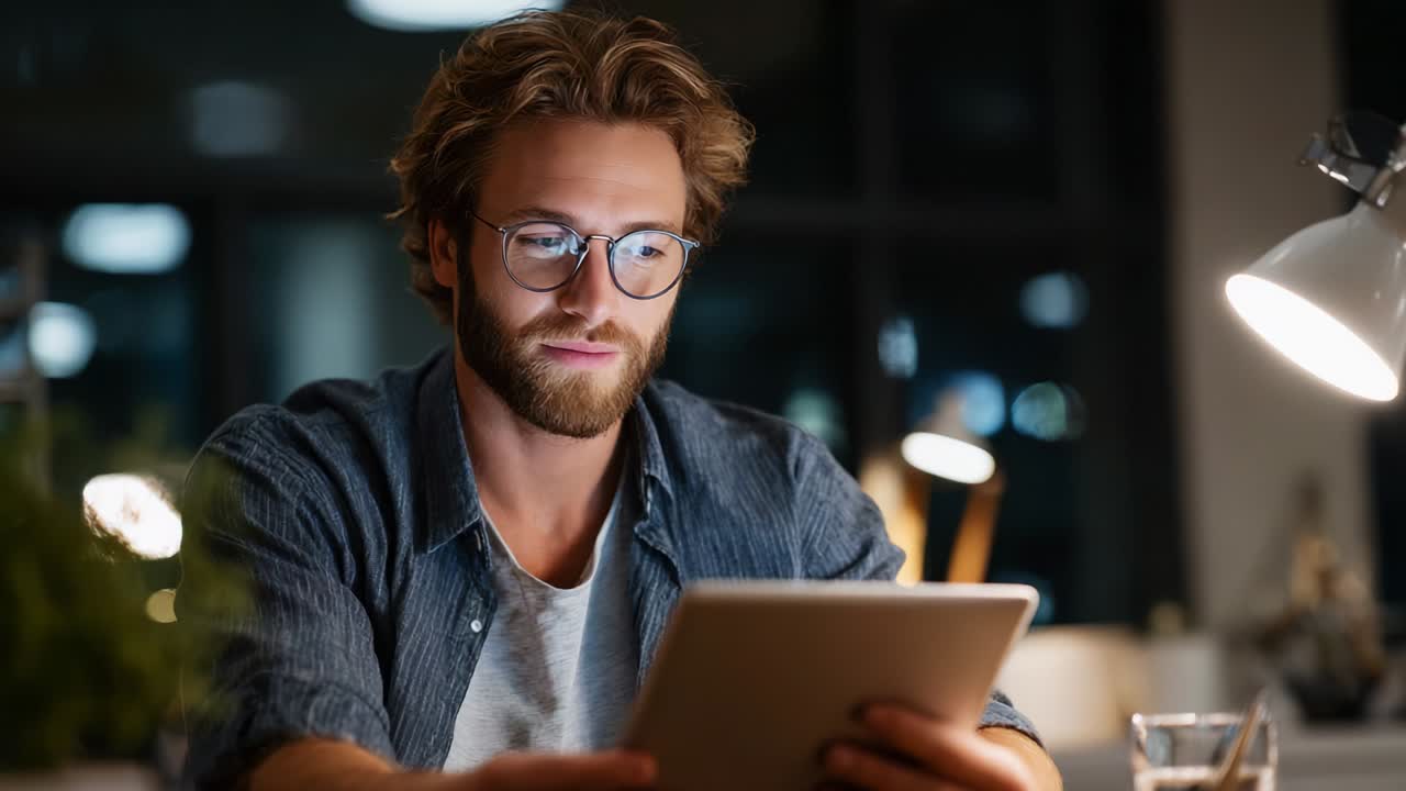 Focused individual with glasses engages with a digital tablet in a cozy, dimly lit environment, demonstrating concentration and modern technology use while surrounded by warm ambient lighting effects