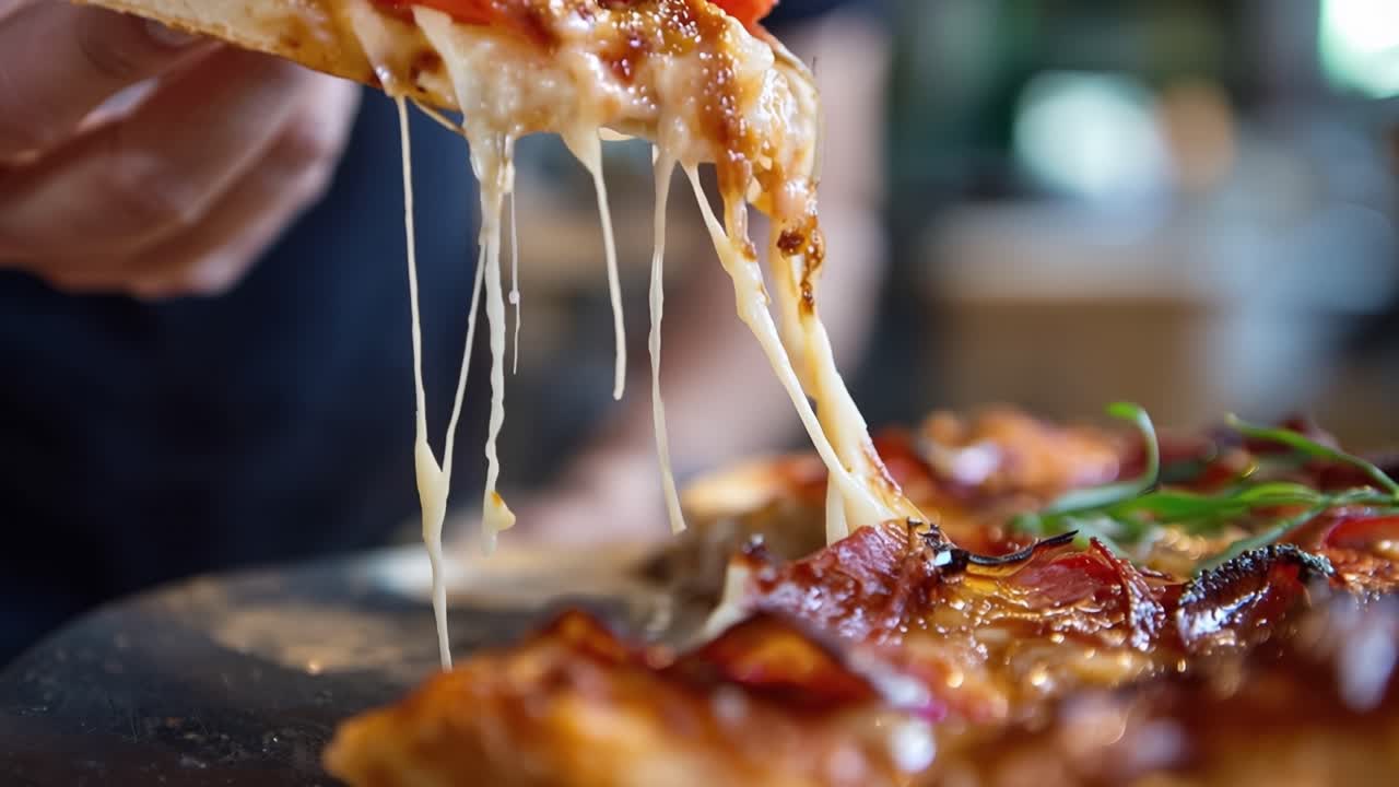 Primo piano di una deliziosa fetta di pizza con formaggio filante.