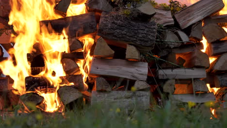 Steady-shoot-of-bonfire---neatly-stacked-chopped-logs