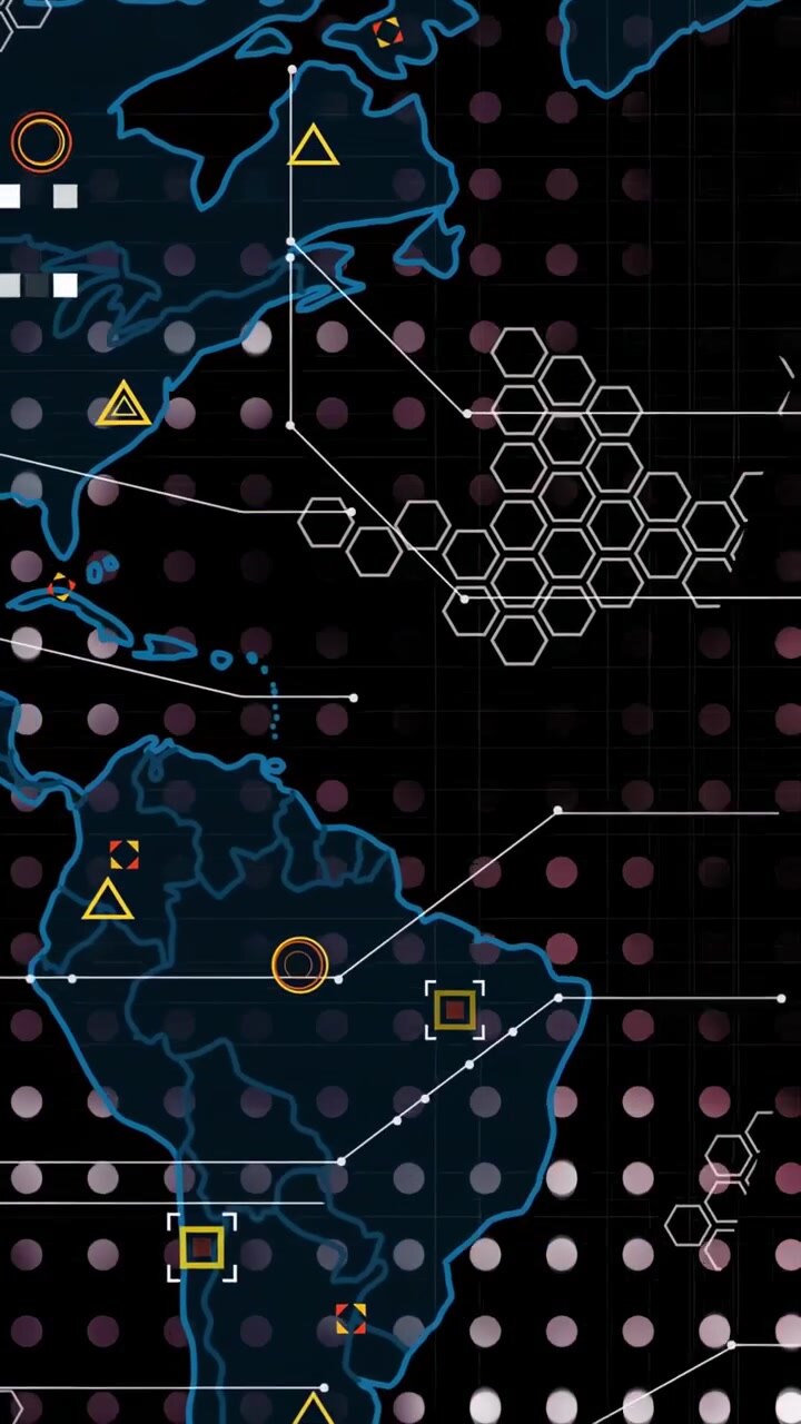 Vertical video: HUD map pulsing, hex field forming east, linking BR to W Africa, tracking Atlantic