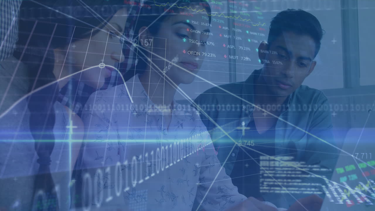 Animation of financial data processing and stock market over diverse business people in office