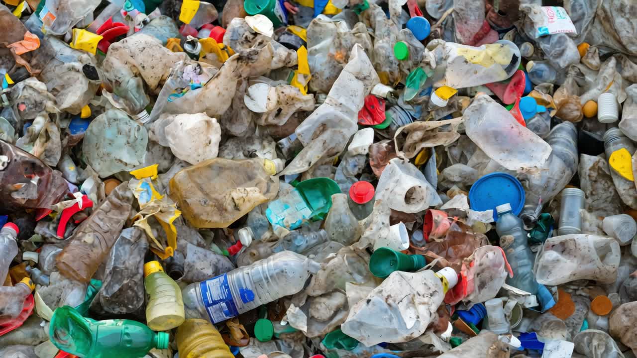 Plastic waste accumulating near water, showing environmental contamination through discarded bottles, packaging, and containers polluting natural landscapes