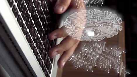 electronic circuit ai brain over computer keyboard, vertical graphics