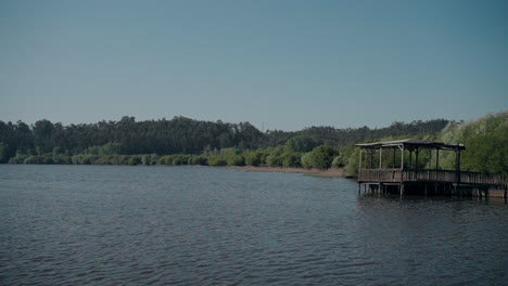 Wooden-deck-over-water-at-Pateira-de-Fermentelos-in-Aveiro,-Portugal,-with-lush-greenery-and-a-clear-blue-sky