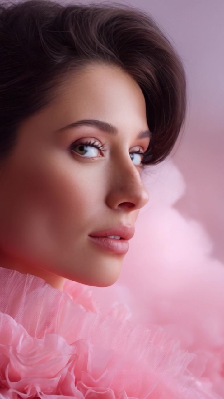 Ritratto accattivante di una donna in abito rosa a balze, che emana eleganza e raffinatezza con illuminazione soffusa che esalta i suoi tratti distintivi e la sua bellezza.