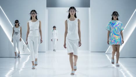futuristic fashion showcase: a captivating runway of modern designs featuring sleek silhouettes, innovative materials, and high-tech accessories in a minimalist setting