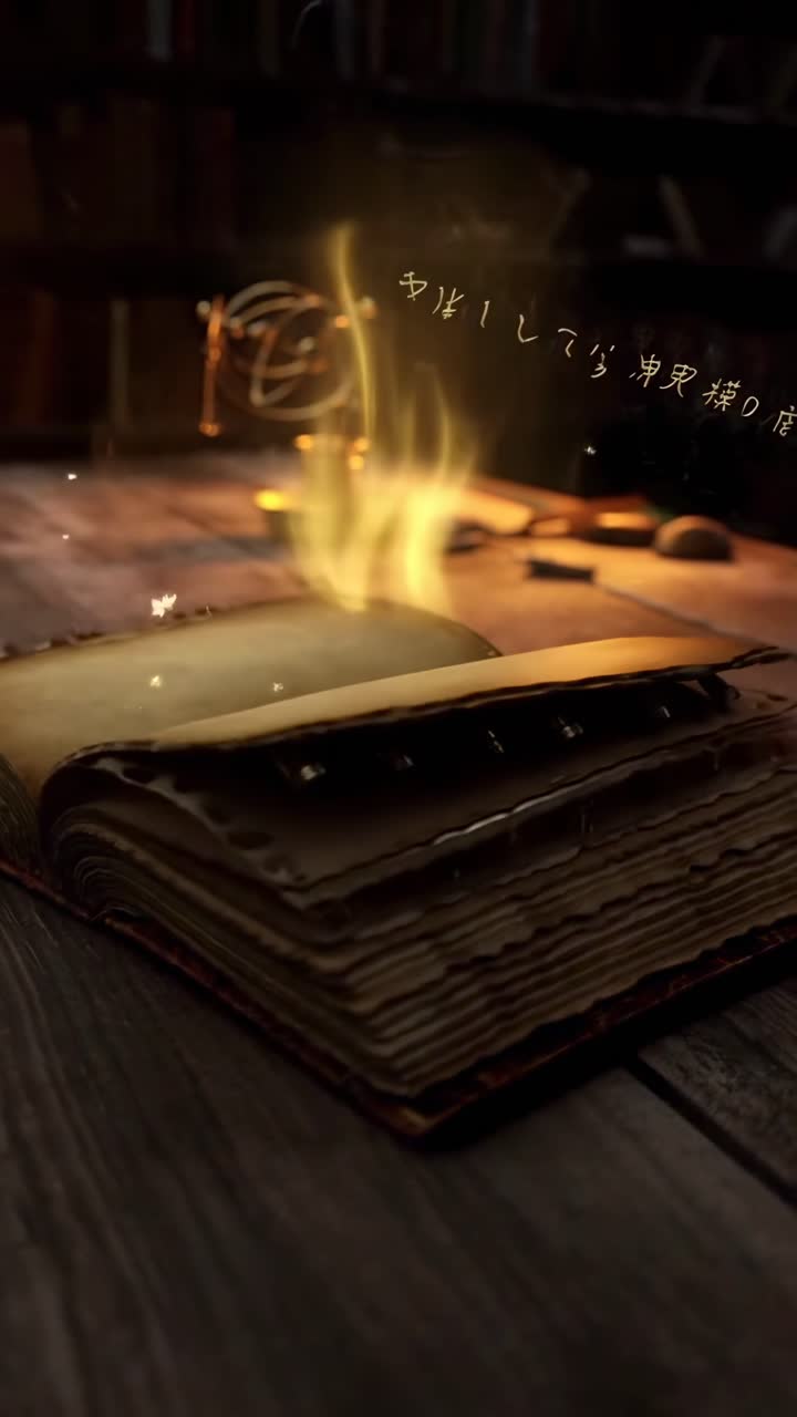 Libro aperto magico con fumo e scintille, ripreso dall'alto