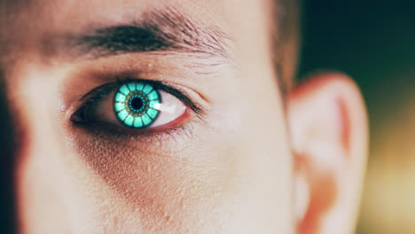 close-up of a man's eye with glowing, futuristic contact lens