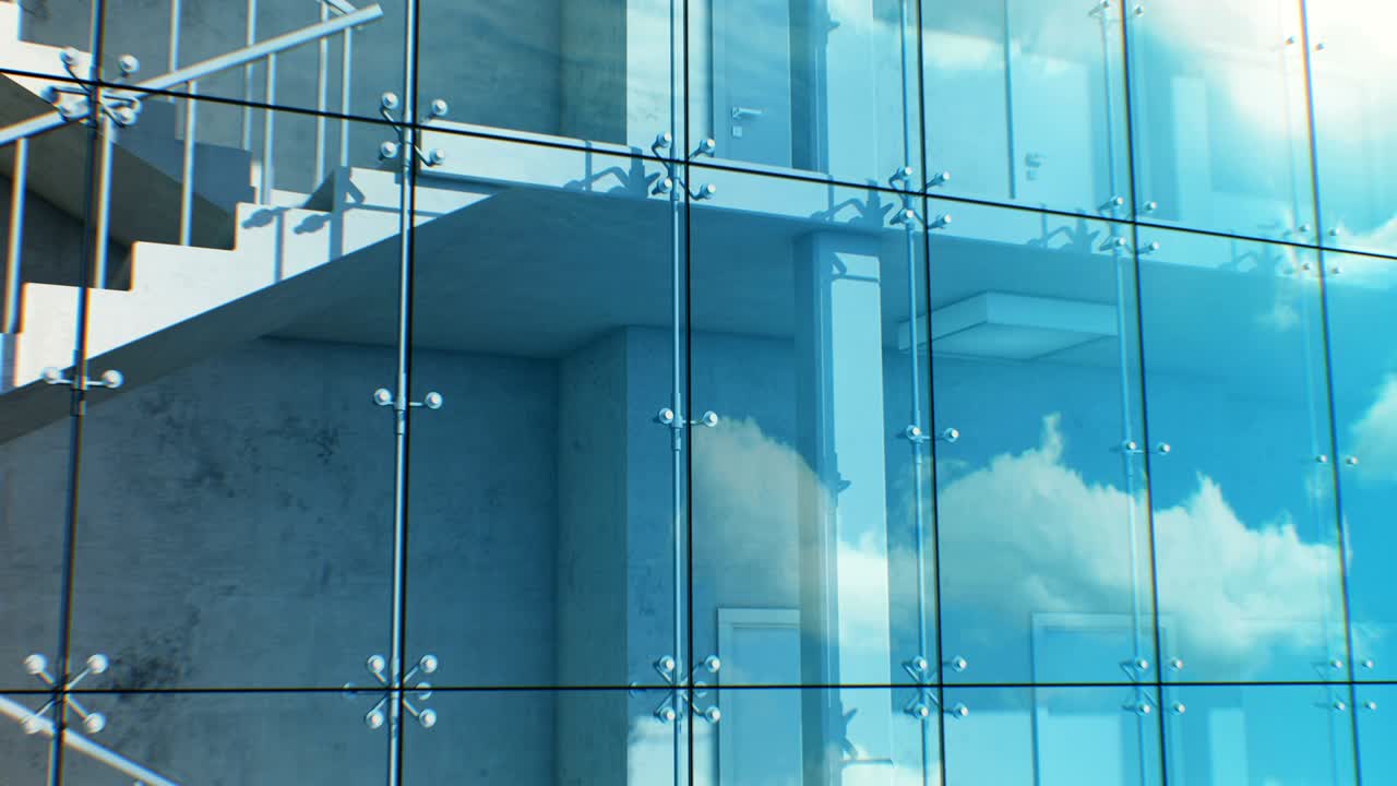 하늘과 구름을 반영하는 아름답고 추상적인 현대적인 건물 정면은 무결합니다. 무궁화 건물의 외부와 내부의 3d 애니메이션을 루프로 만들었습니다.