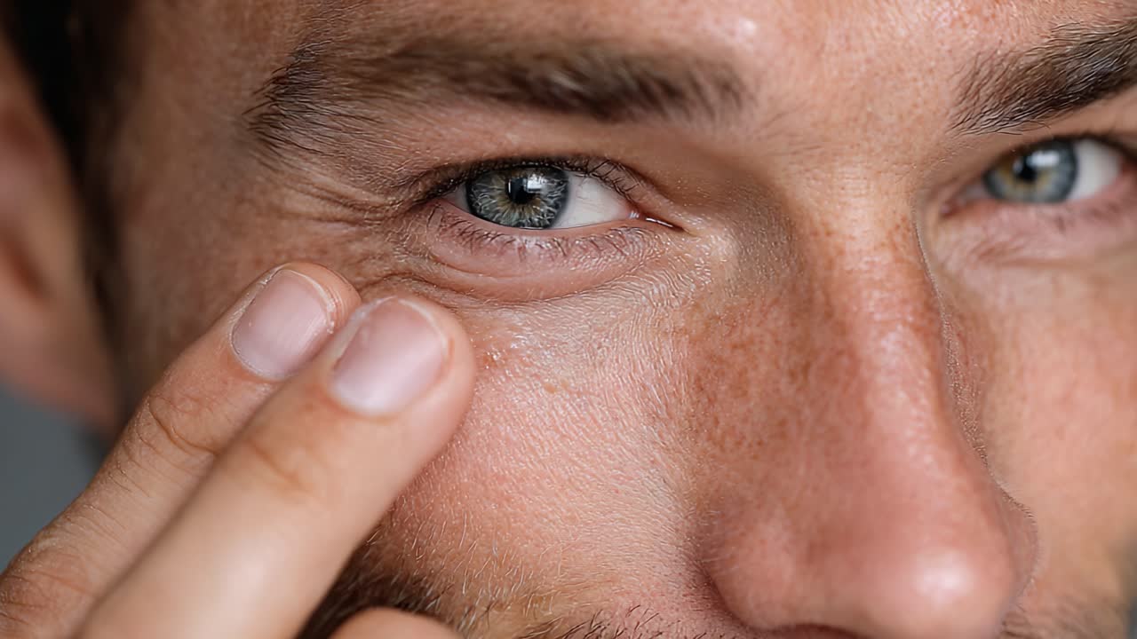 Close-Up of a Man Gently Touching His Face, Highlighting the Skin Texture and Eye Details, Capturing a Moment of Personal Grooming and Care