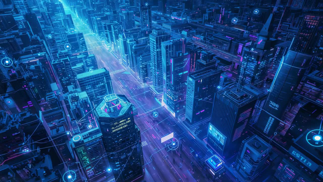 Opening futuristic cityscape pulsing lights at night, with glowing data nodes and network overlays
