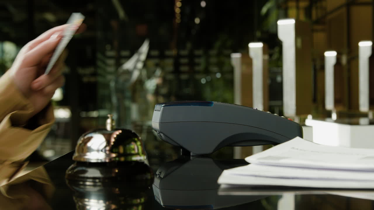 신용 카드 를 들고 있는 손님 의 손 의  면