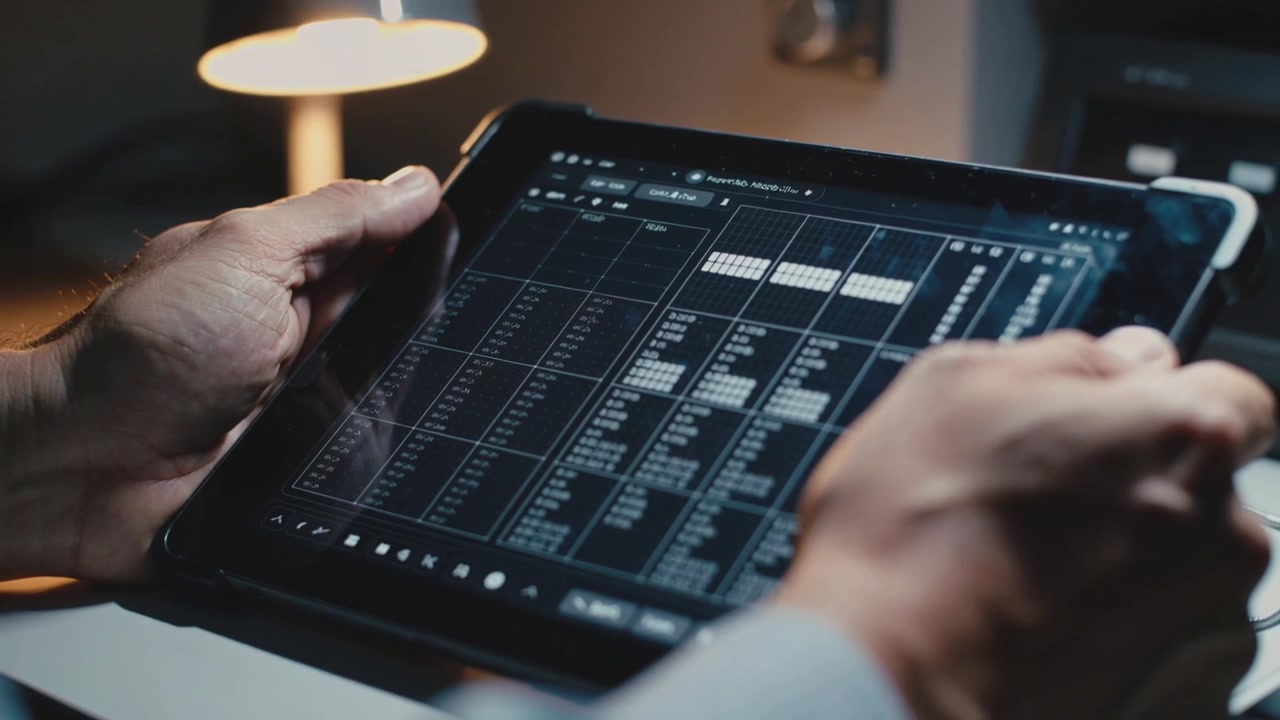 Tapping tablet with right hand, man in collared shirt checking spreadsheet at desk with lamp