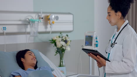 Doctor,-woman-and-patient-in-bed-with-tablet