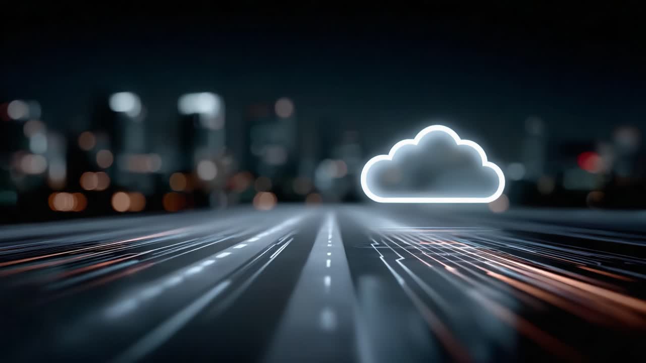 Futuristic Digital Cloud Technology Concept Featuring Glowing Cloud Icon Over a Network Path, Representing Data Flow and Connectivity in Urban Landscape