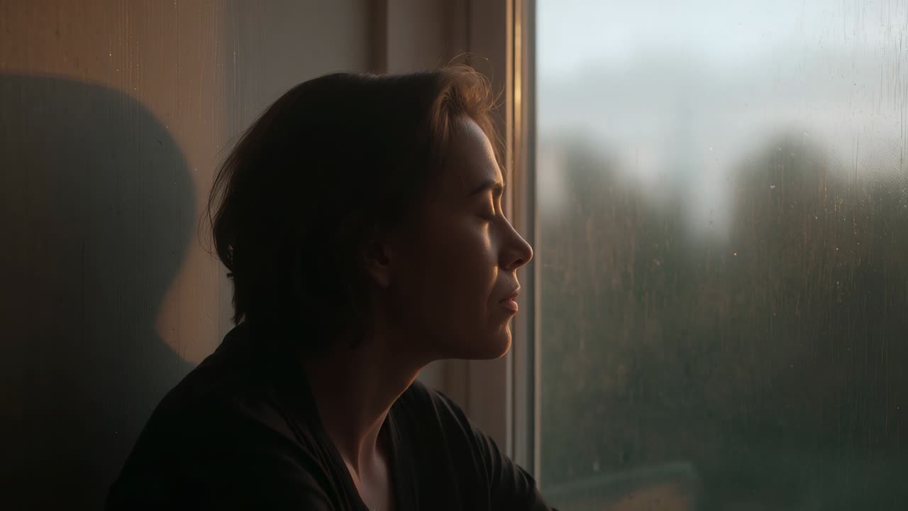 Mujer mirando con blusa oscura reflejada y observando el paisaje que pasa a través de una ventana borrosa en el tren