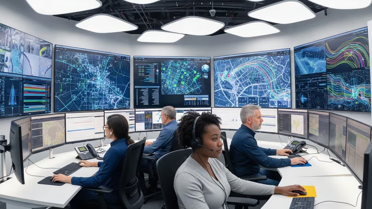 High-Tech Control Room with Analysts Monitoring Multiple Data Streams on Large Screens, Showcasing Collaboration and Advanced Technology in Real-Time Situational Awareness