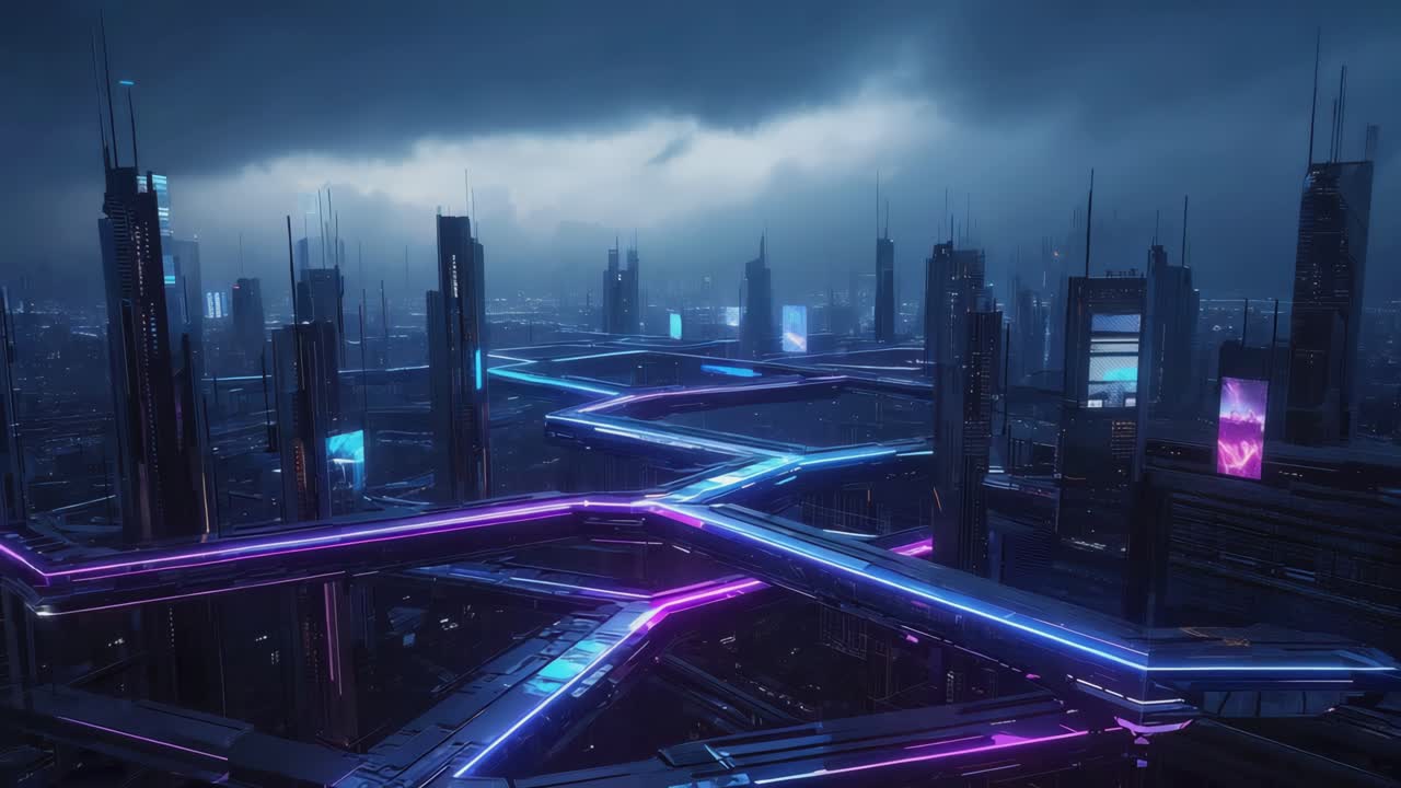 Paesaggio cittadino cyberpunk con luci al neon